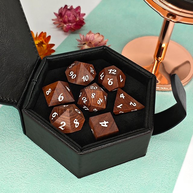 Brown Wooden Polyhedral Dnd Rpg Dice Set For Dungeons And Dragons