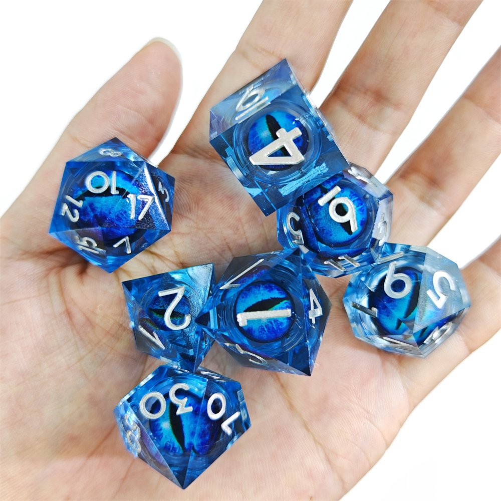Blue Longan Liquid Core Dice Set for DND and RPG Board Game 7pcs Polyhedral Dragon Eye Sharp Edge Resin Dice