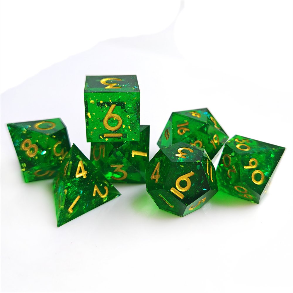 7pcs Green Flash Dice Set for Dungeons and Dragons Role Playing Board Game Polyhedral Sharp Edge Resin DND Dice Set