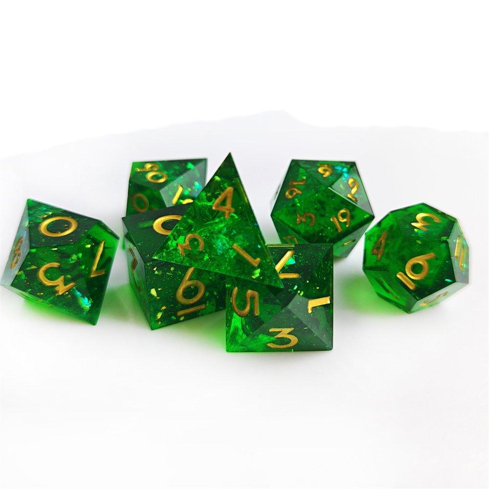 7pcs Green Flash Dice Set for Dungeons and Dragons Role Playing Board Game Polyhedral Sharp Edge Resin DND Dice Set