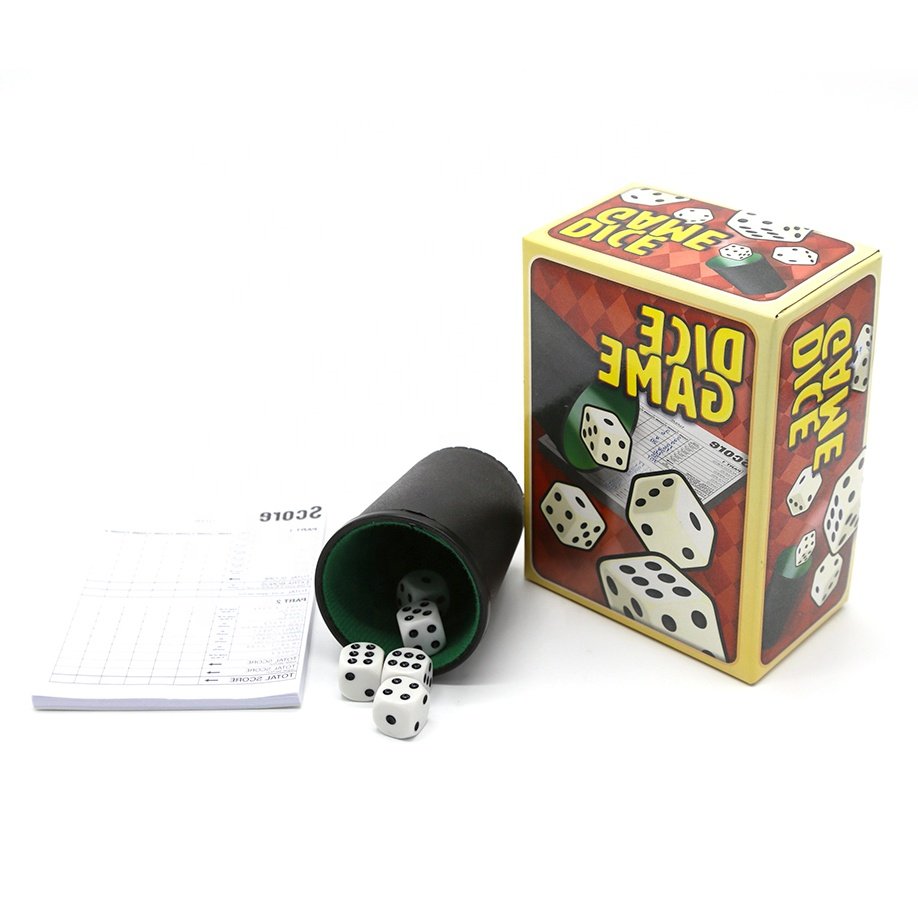 tabletop entertainment black and green leather plastic dice cup set with 5 dice and scoring note book