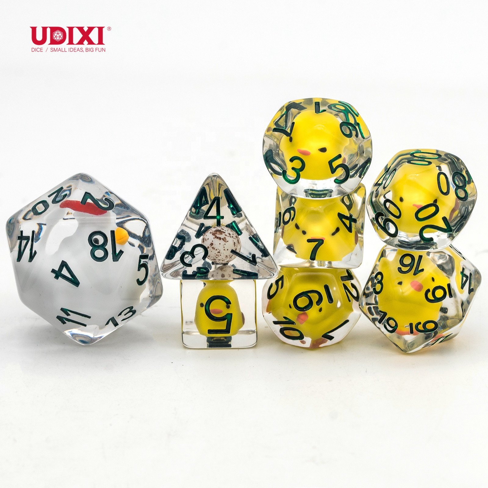 Udixi Plastic Polyhedral custom logo rpg dungeons and dragons d&d resin Chicken Family dice game set
