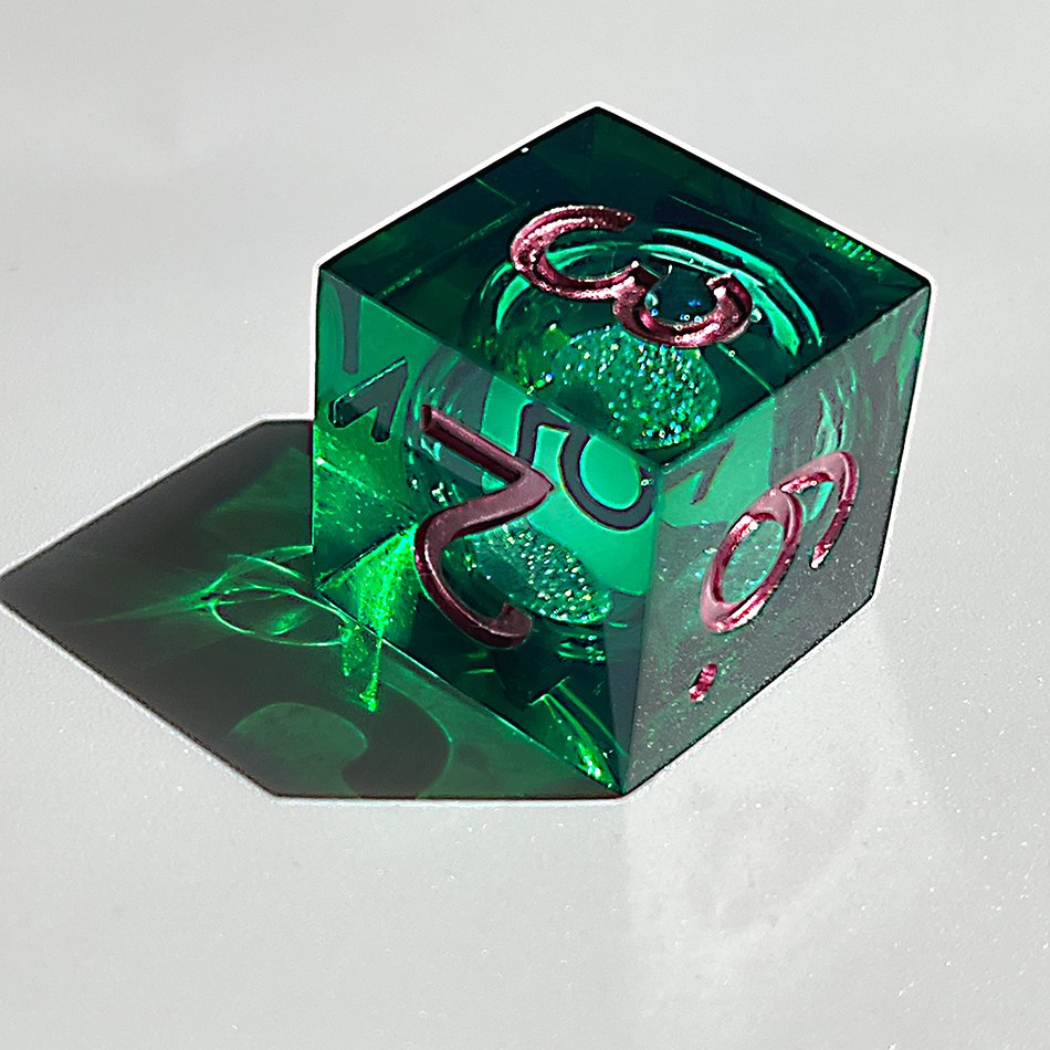 Full Set Handmade Resin Sharp Edge Dice Polyhedral Dice Set Set - Dungeons and Dragons Starry Liquid Heart Emerald