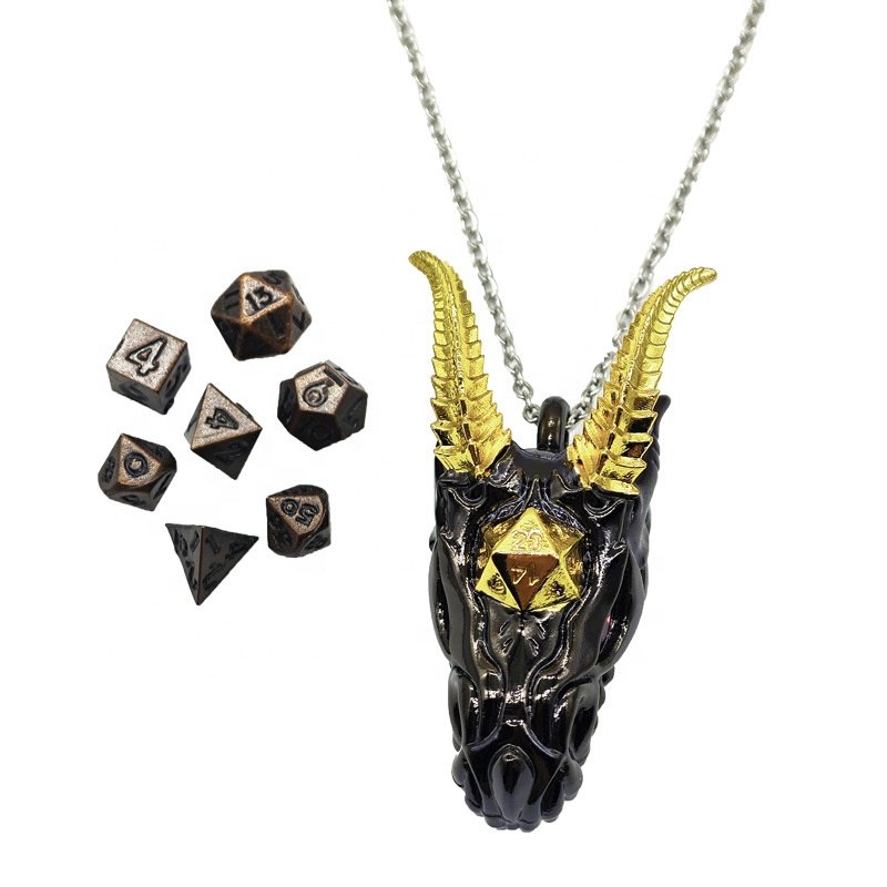 Dungeons and Dragons D20 Dragon Head Dice Charm Necklace Unique Polyhedral Metal Dice Box for DND Lover