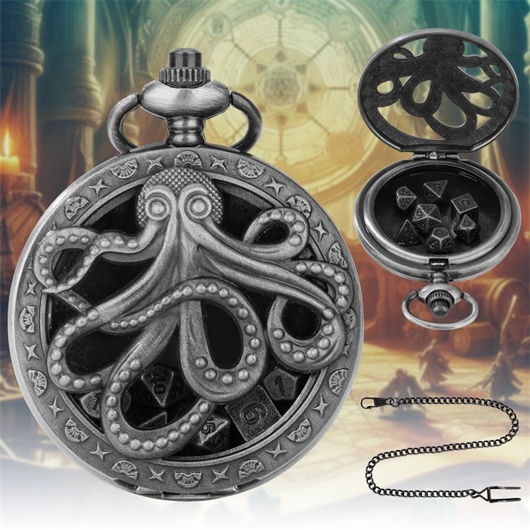 Gorgeous Gift Antique Brass Octopus-Hollow 6mm Small Tiny DND Metal Dice Set in Pocket Watch