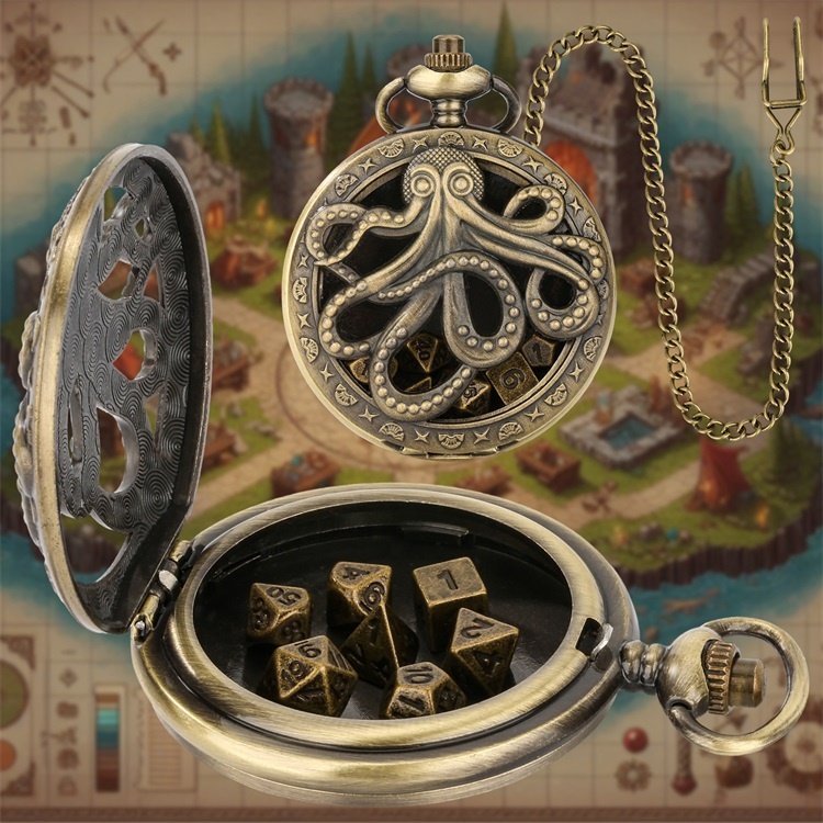 Gorgeous Gift Antique Brass Octopus-Hollow 6mm Small Tiny DND Metal Dice Set in Pocket Watch