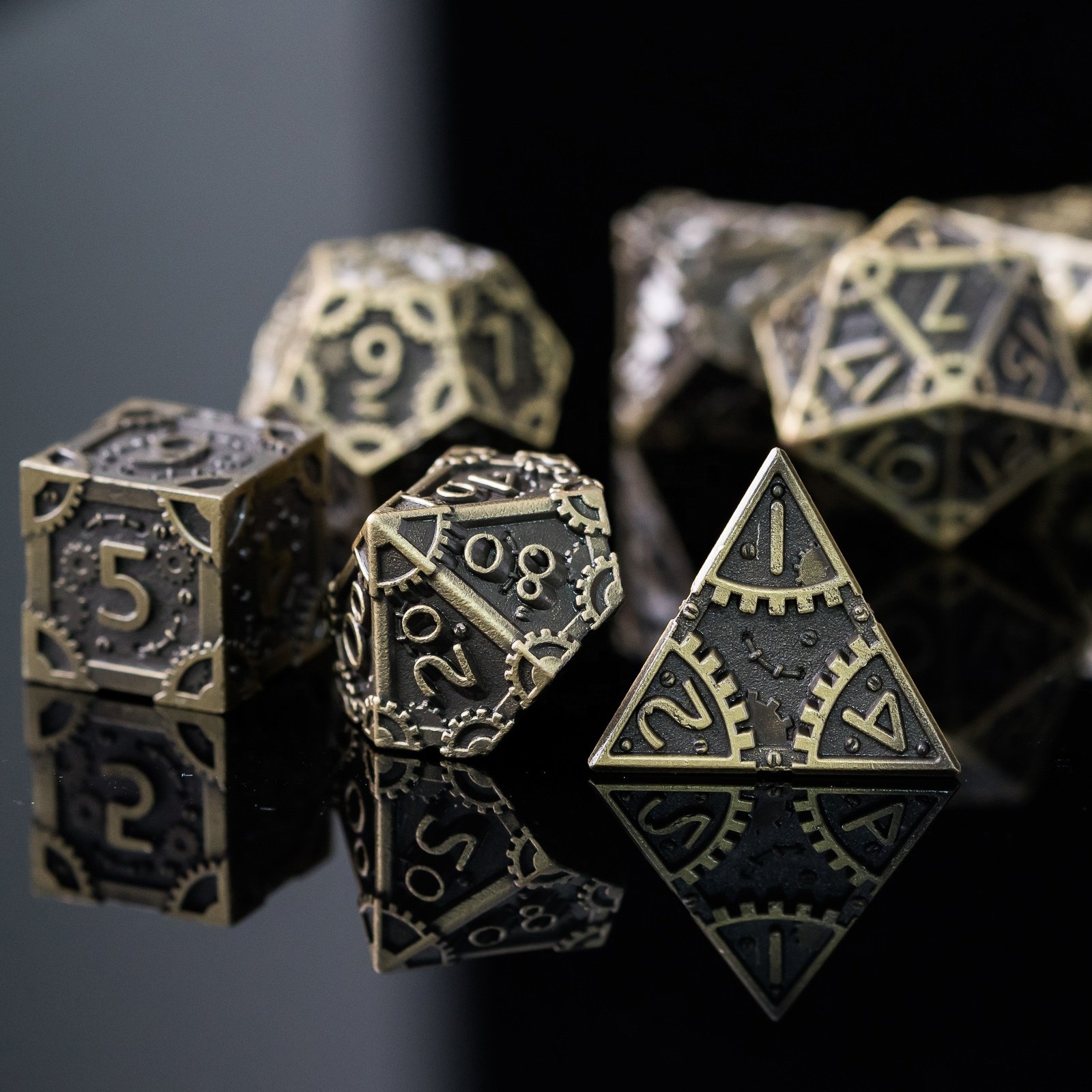 Udixi Metal Polyhedral RPG Board Games Dungeons and Dragons Steam Punk Dice Set Brushed Patinal
