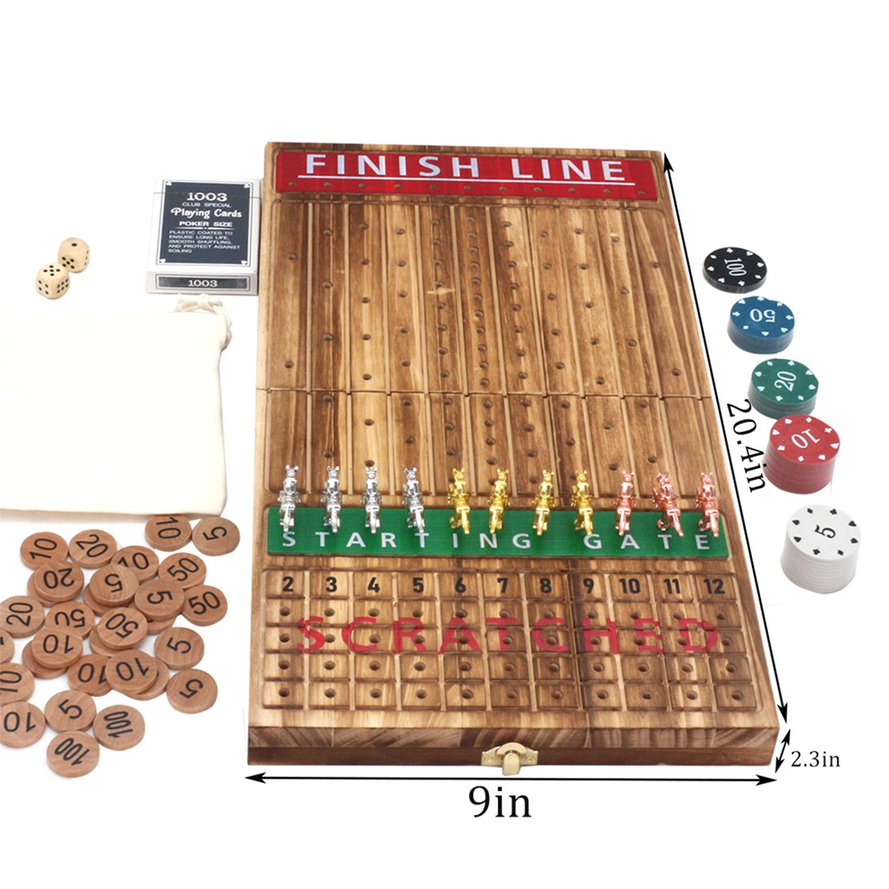 Wood 11 Luxurious Durable Classic Metal Horses 2 Dice 1 Boxes of Cards Thickened Solid Wood Horse Racing Game