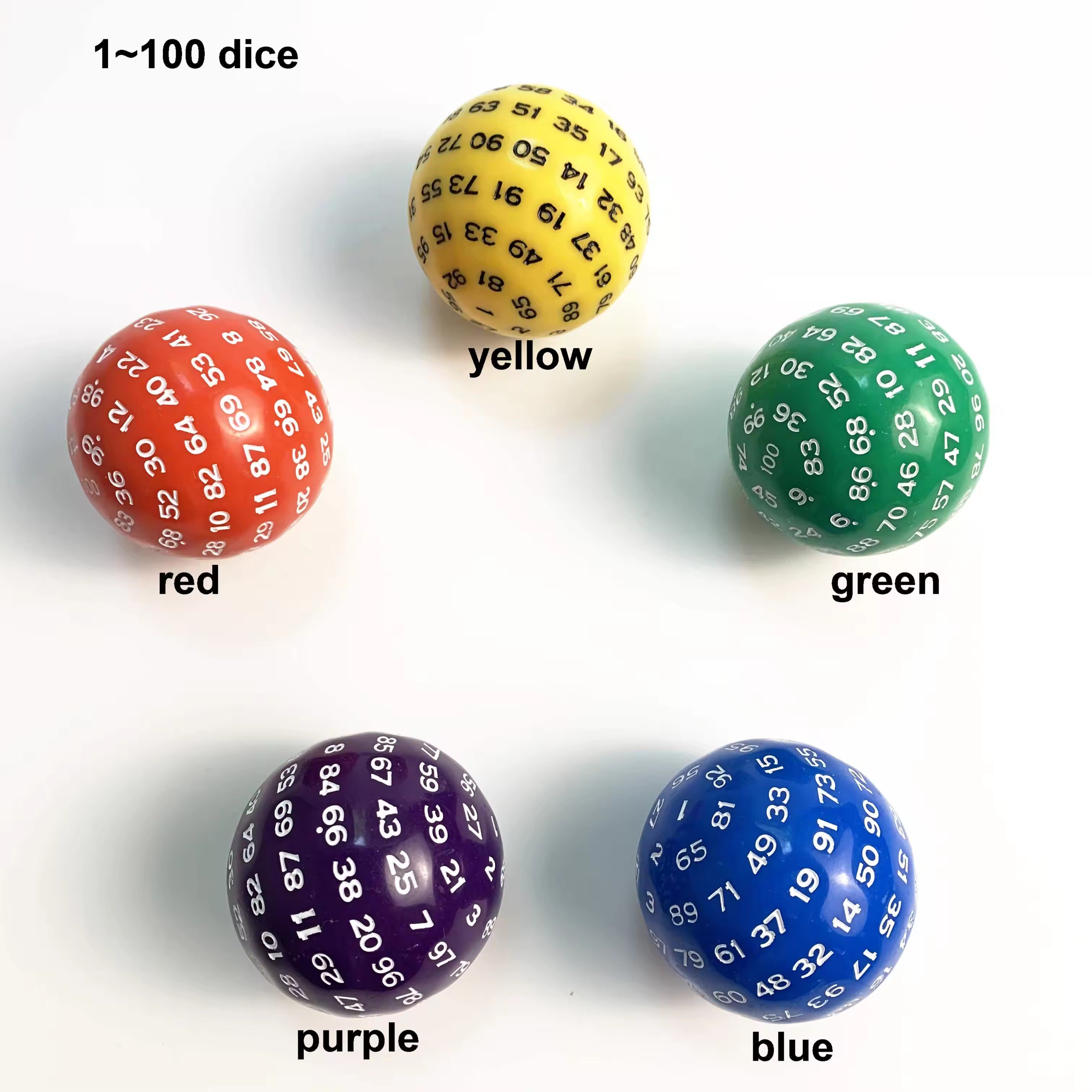 wholesale 100 sides sided faces red blue green purple yellow colors 1-100 D100 Plastic Spherical ball dice