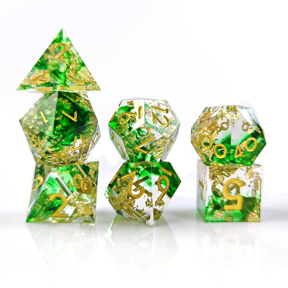 Sharp Edge Green Transparent Liquid Core Quicksand DND Dice Set with Gold Font for D&D Role Playing Board Games