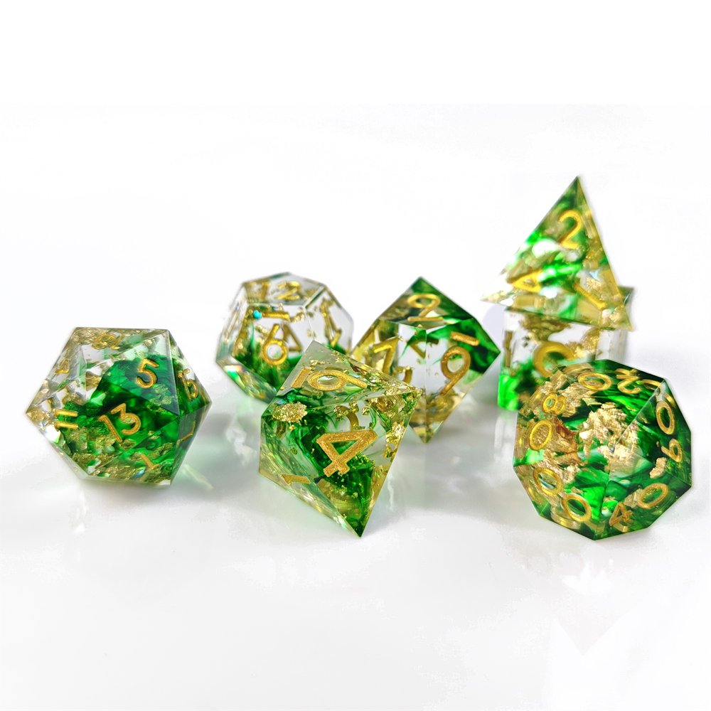 Sharp Edge Green Transparent Liquid Core Quicksand DND Dice Set with Gold Font for D&D Role Playing Board Games