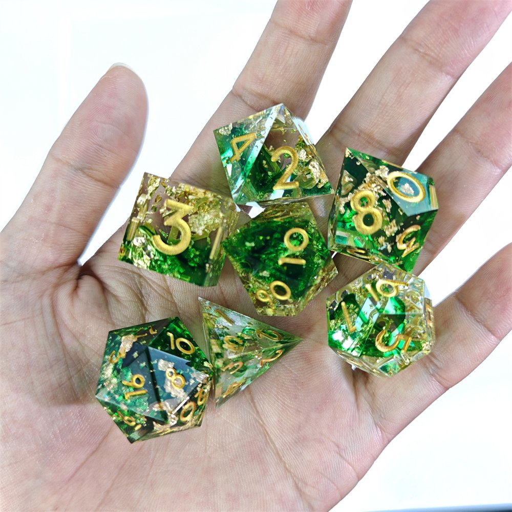 Sharp Edge Green Transparent Liquid Core Quicksand DND Dice Set with Gold Font for D&D Role Playing Board Games