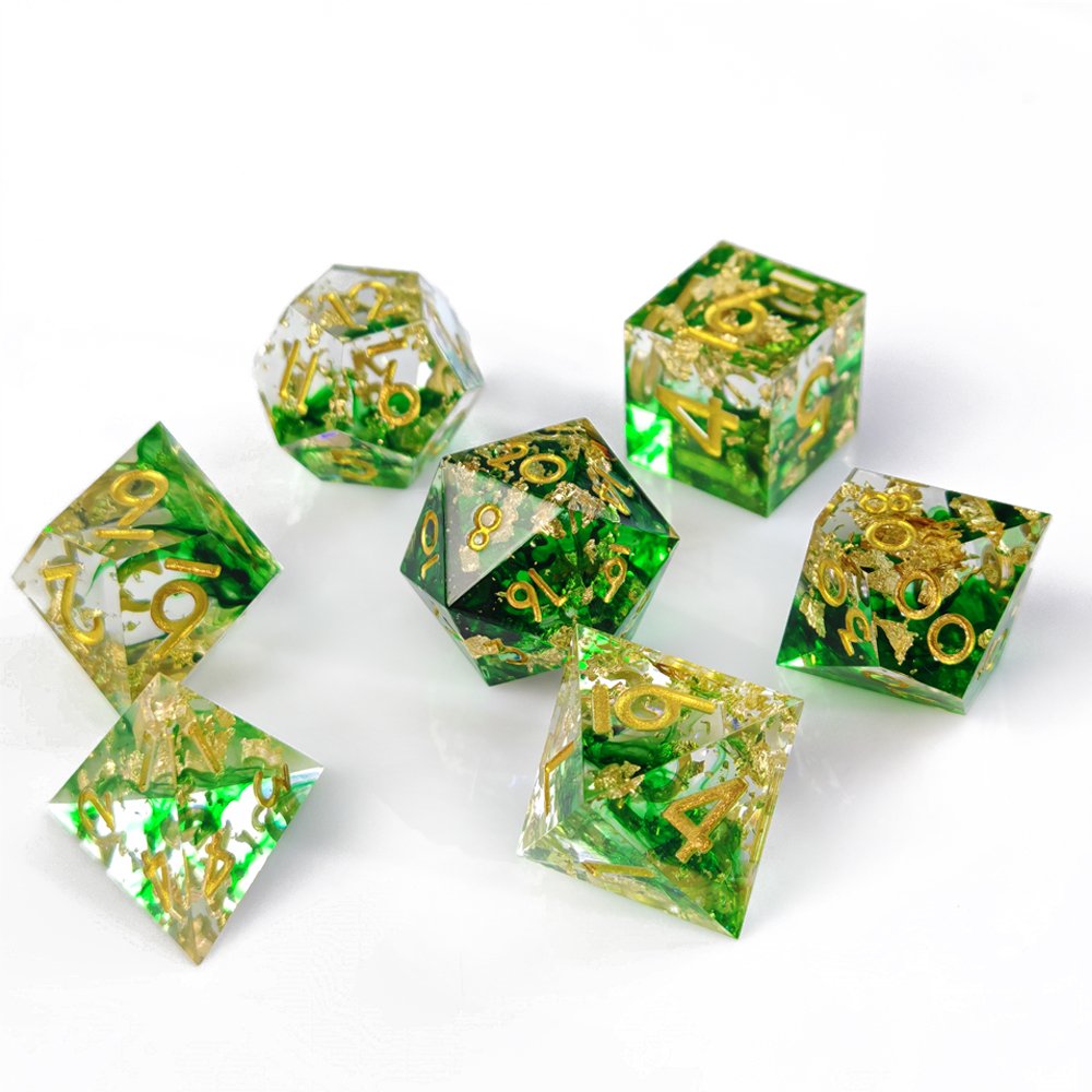 Sharp Edge Green Transparent Liquid Core Quicksand DND Dice Set with Gold Font for D&D Role Playing Board Games