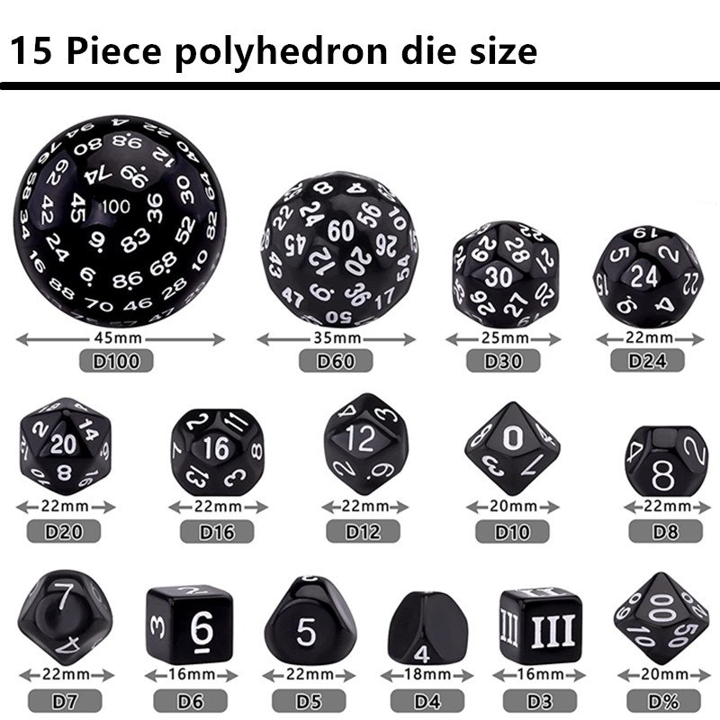 MINI PALENT Acrylic 15pcs DND Dice Set D3-D100 Polyhedral Dice TRPG Table Games Wholesale Acrylic 100 Sides Dice Set D&D Games