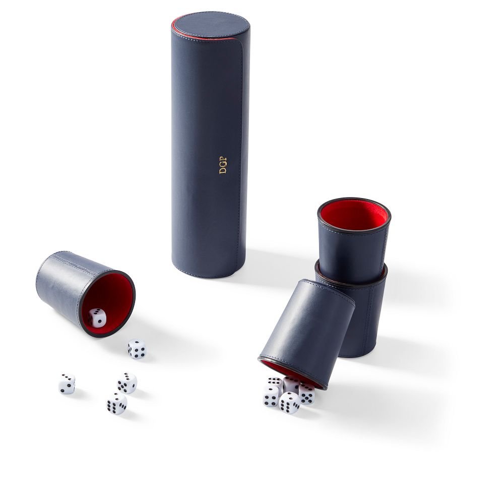 liar's dice family game set contains 4 cups with 5 dice each in a carrying case