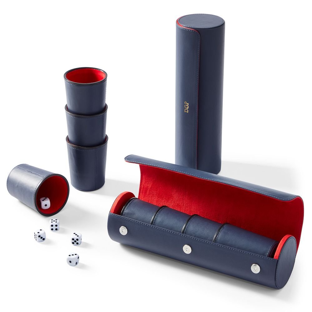 liar's dice family game set contains 4 cups with 5 dice each in a carrying case