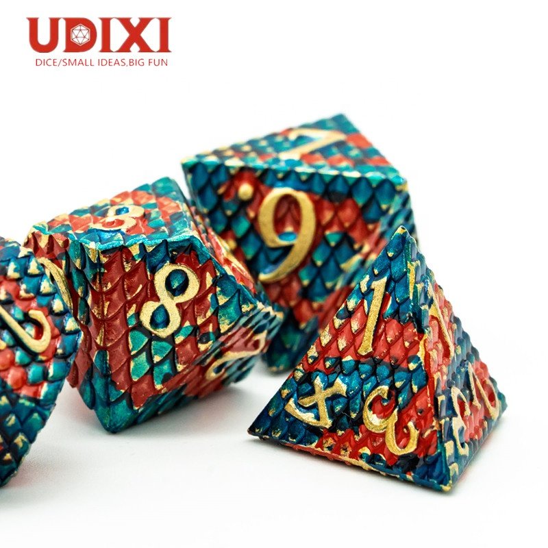 Udixi Polyhedral RPG Metal Dice Set dungeons and dragons custom logo Dice Set Dragon Scale Orange&Blue