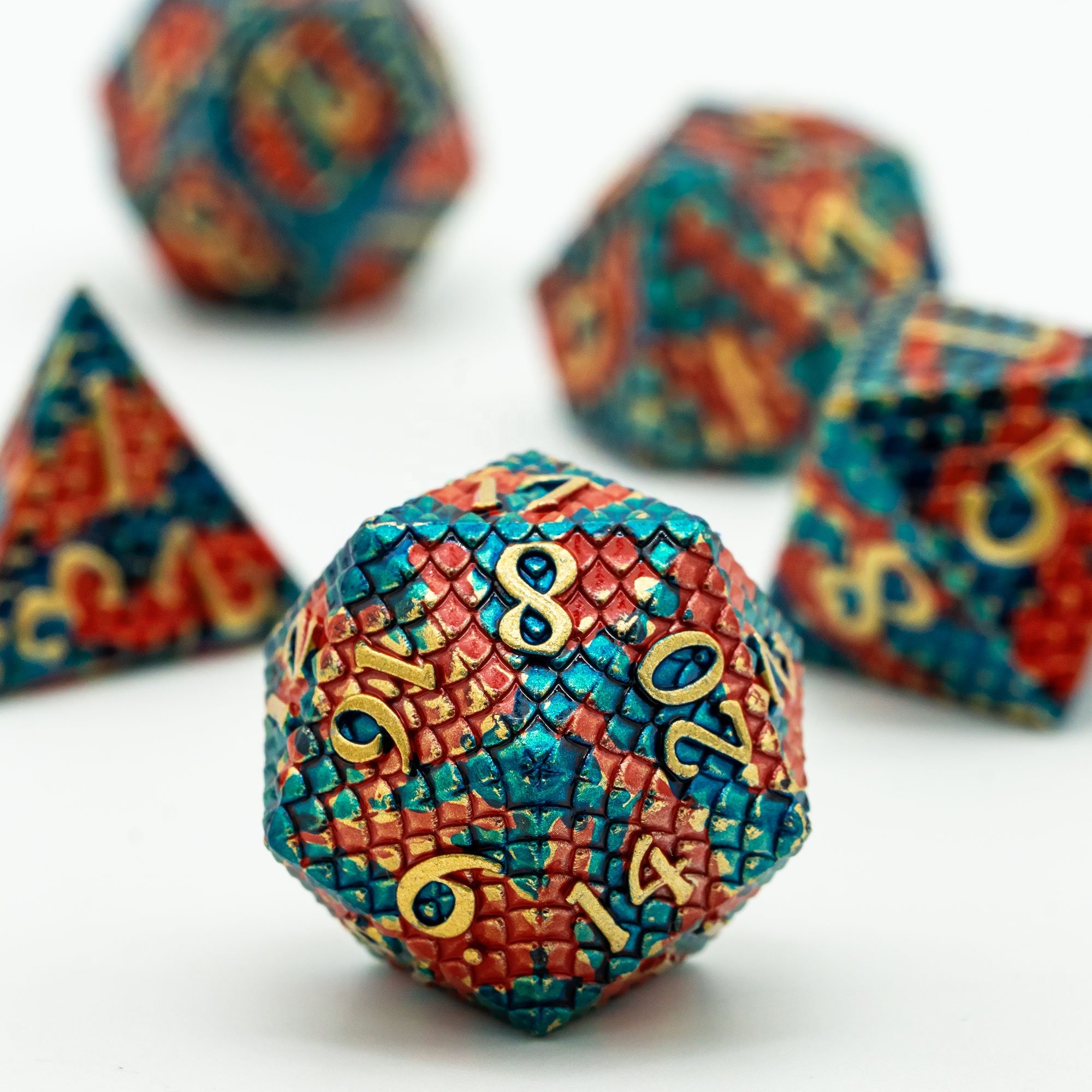 Udixi Polyhedral RPG Metal Dice Set dungeons and dragons custom logo Dice Set Dragon Scale Orange&Blue