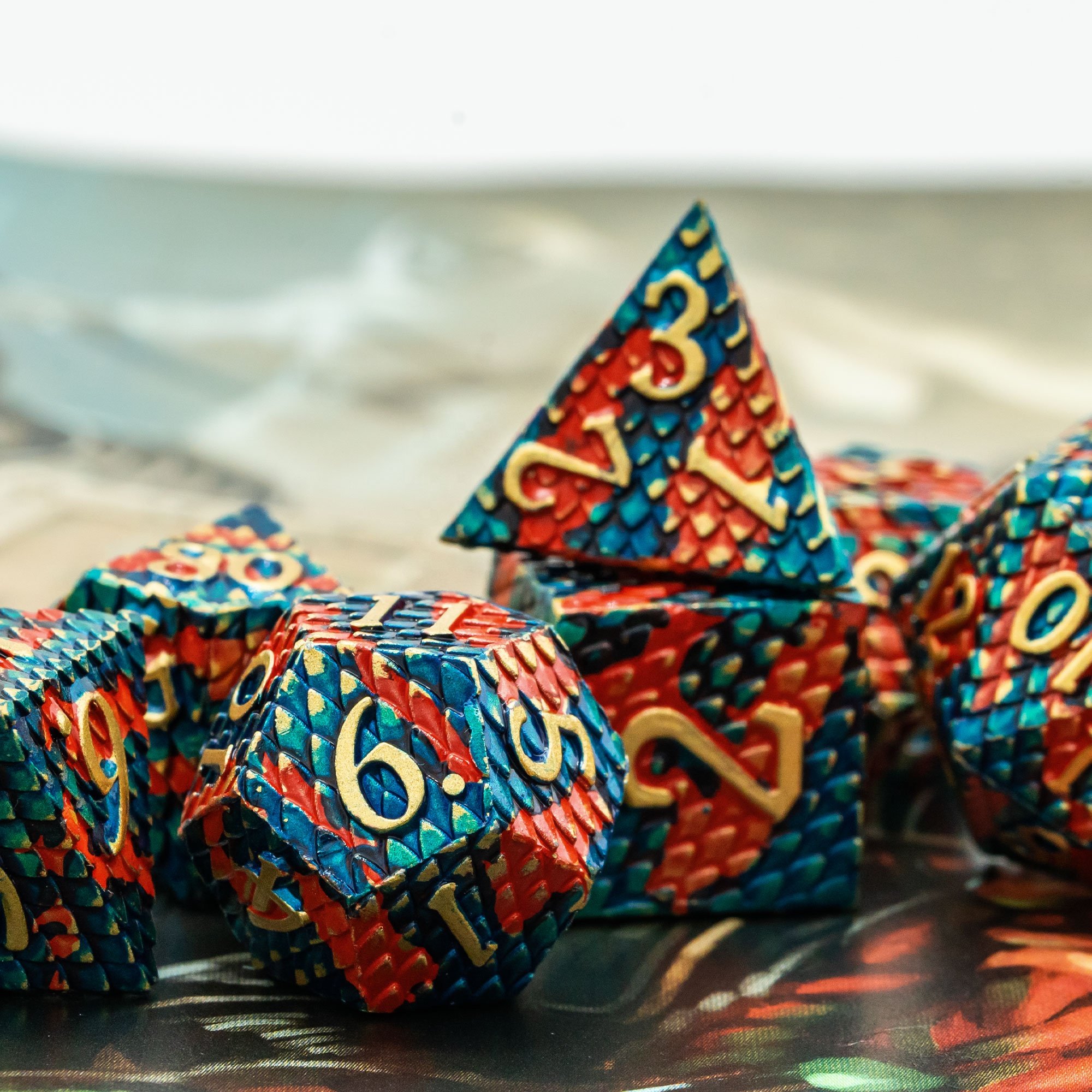 Udixi Polyhedral RPG Metal Dice Set dungeons and dragons custom logo Dice Set Dragon Scale Orange&Blue