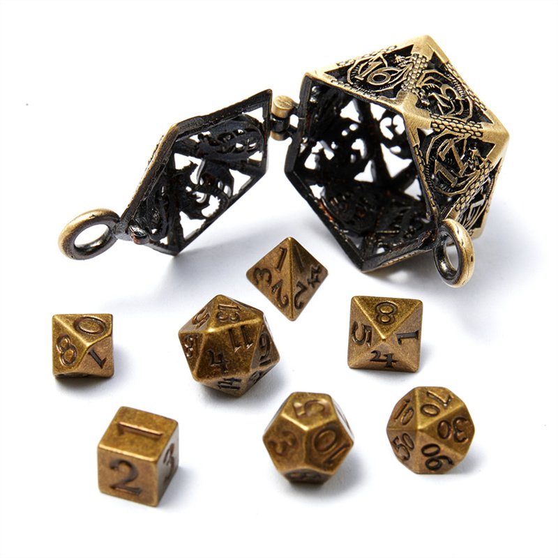 D20 Metal Dice Set with Hollow Box -7-Piece Set, Portable Board Game Mini Dice Set, Comes with Necklace and Keychain