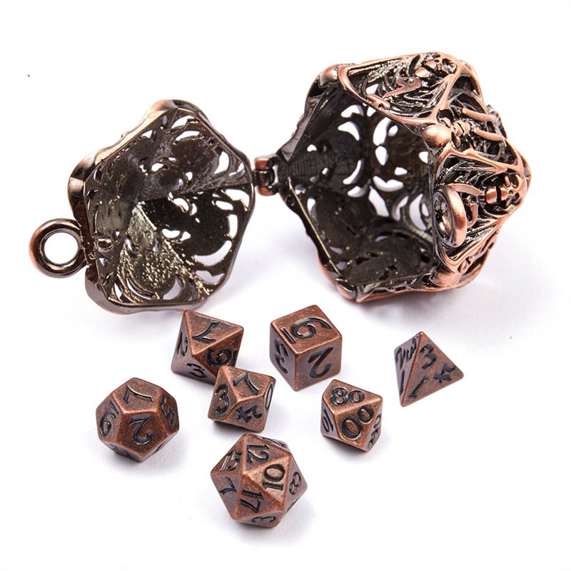 D20 Metal Dice Set with Hollow Box -7-Piece Set, Portable Board Game Mini Dice Set, Comes with Necklace and Keychain