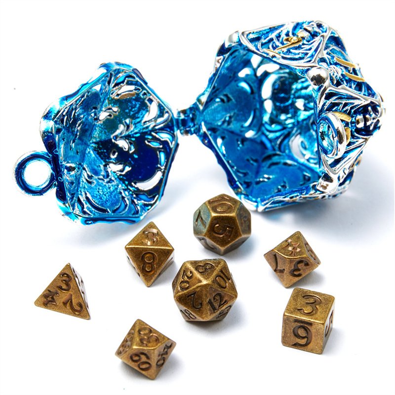 D20 Metal Dice Set with Hollow Box -7-Piece Set, Portable Board Game Mini Dice Set, Comes with Necklace and Keychain