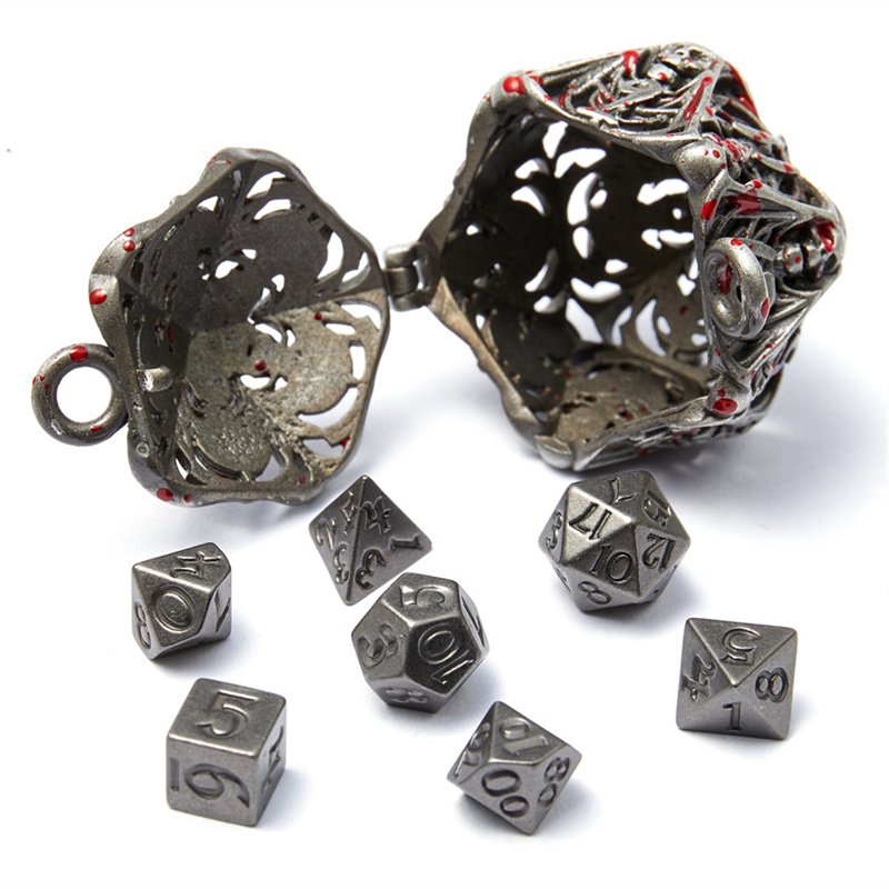 D20 Metal Dice Set with Hollow Box -7-Piece Set, Portable Board Game Mini Dice Set, Comes with Necklace and Keychain