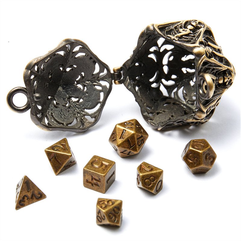 D20 Metal Dice Set with Hollow Box -7-Piece Set, Portable Board Game Mini Dice Set, Comes with Necklace and Keychain