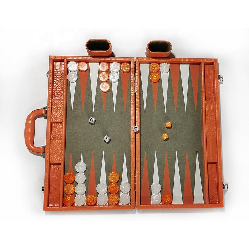 Orange backgammon set with Alligator pattern and premium checkers and dice leather folding backgammon board