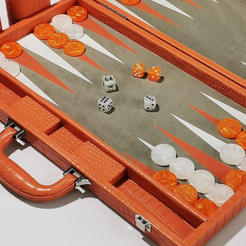 Orange backgammon set with Alligator pattern and premium checkers and dice leather folding backgammon board
