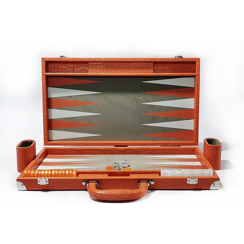 Orange backgammon set with Alligator pattern and premium checkers and dice leather folding backgammon board