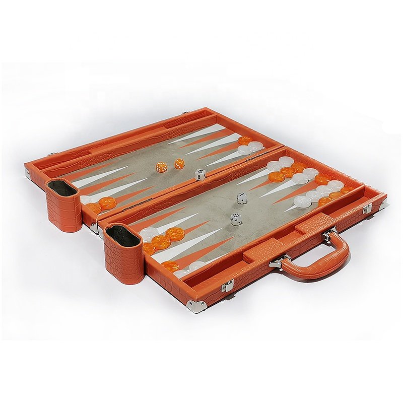 Orange backgammon set with Alligator pattern and premium checkers and dice leather folding backgammon board