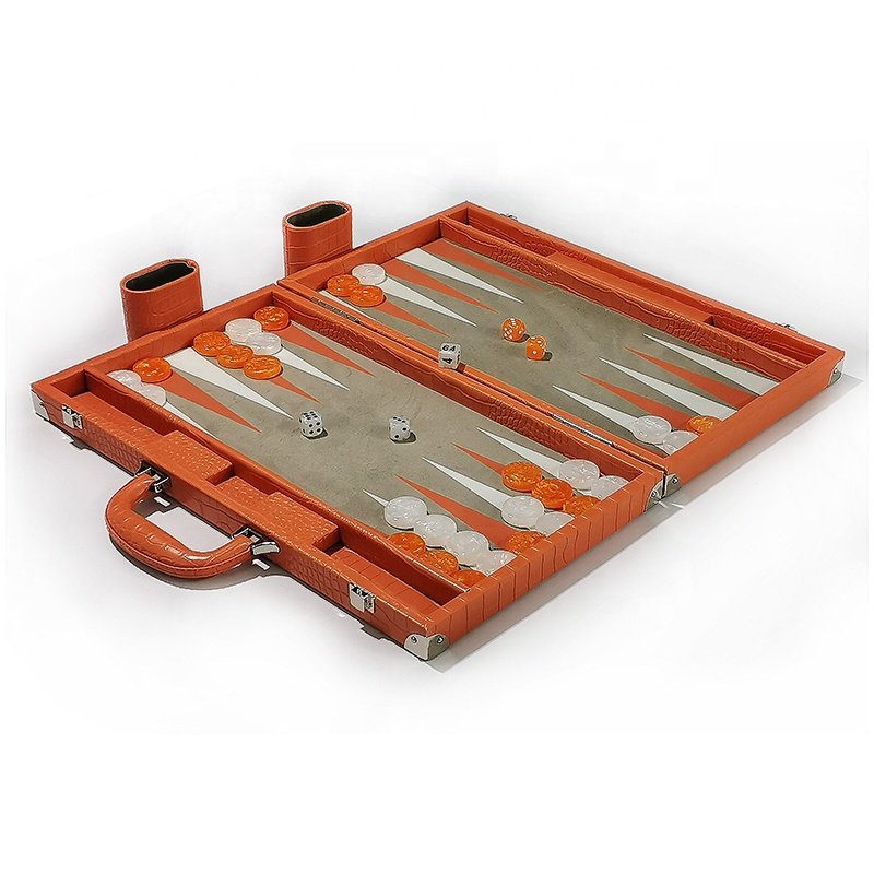 Orange backgammon set with Alligator pattern and premium checkers and dice leather folding backgammon board
