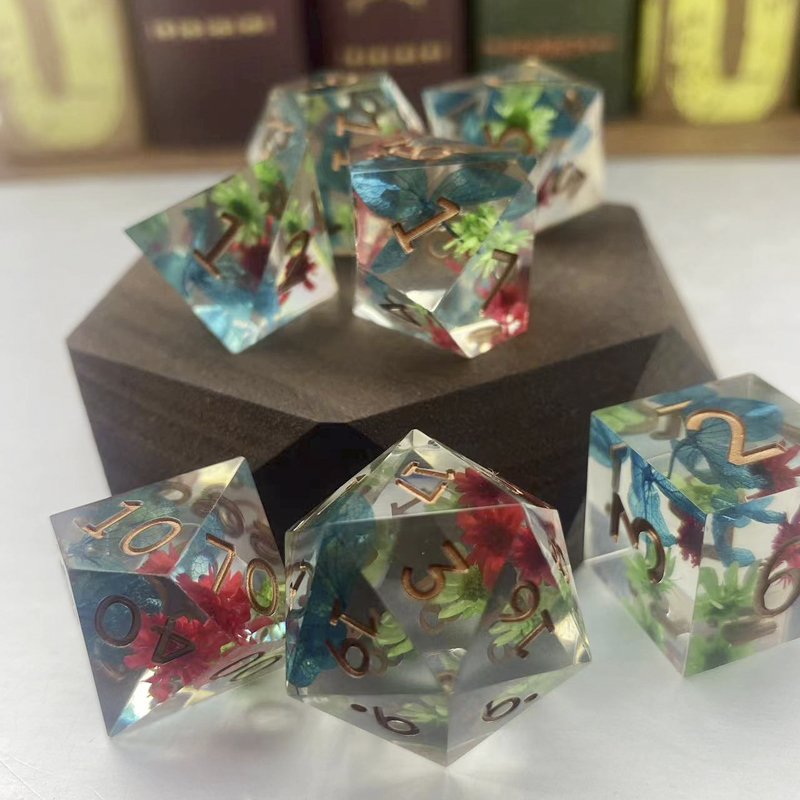 Wholesale 7pc Polyhedral Resin RPG Dungeons Dragons Board Game Dice Sets Customizable DND Flower Identifiable Resin Can