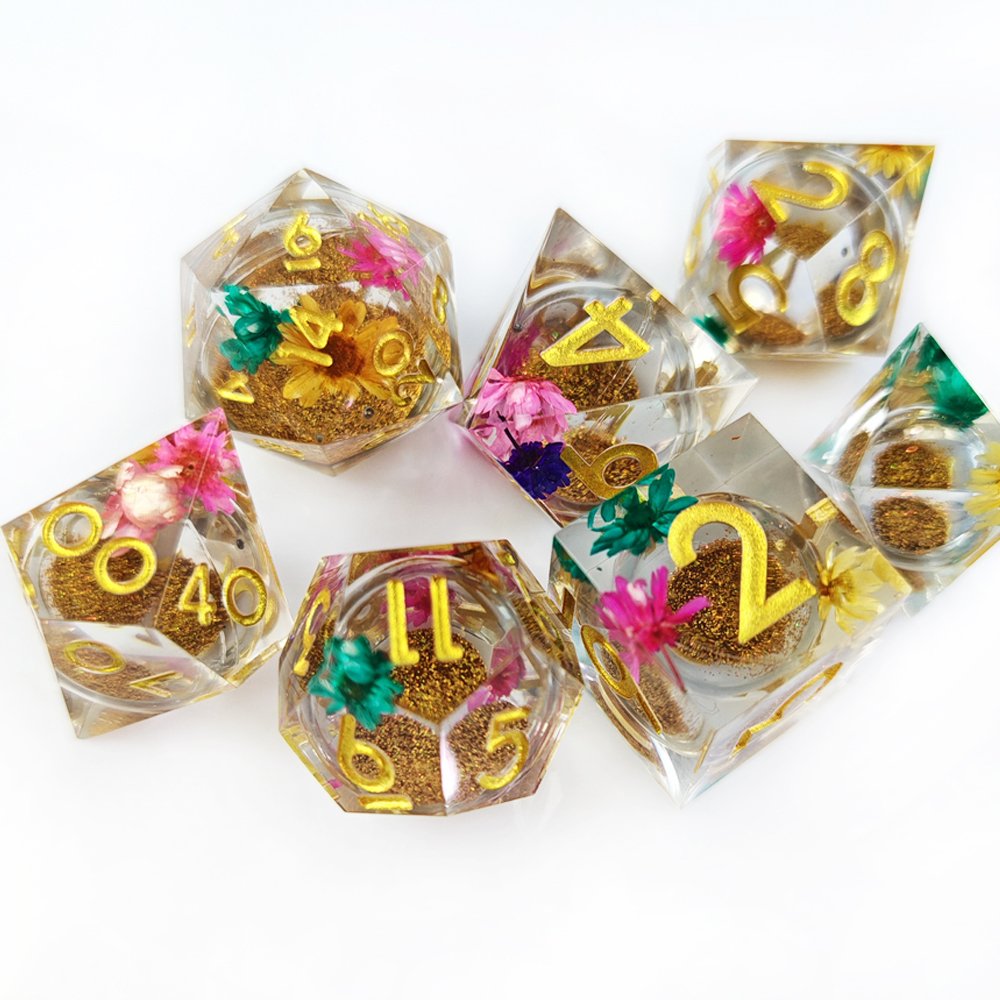 Polyhedral DND Sharp Edge Resin Dice Set for Dragons and Dungeons RPG Tabletop Game Flower Quicksand Liquid Core Dice