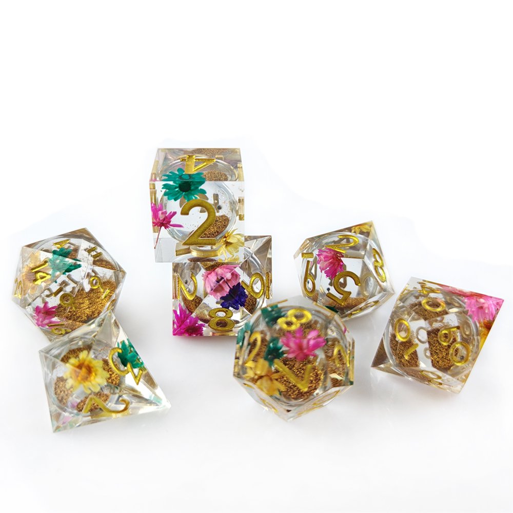 Polyhedral DND Sharp Edge Resin Dice Set for Dragons and Dungeons RPG Tabletop Game Flower Quicksand Liquid Core Dice