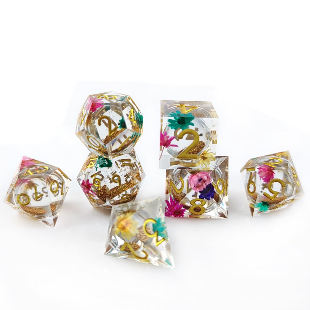 Polyhedral DND Sharp Edge Resin Dice Set for Dragons and Dungeons RPG Tabletop Game Flower Quicksand Liquid Core Dice