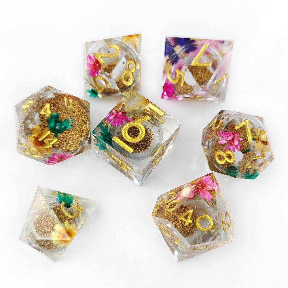 Polyhedral DND Sharp Edge Resin Dice Set for Dragons and Dungeons RPG Tabletop Game Flower Quicksand Liquid Core Dice