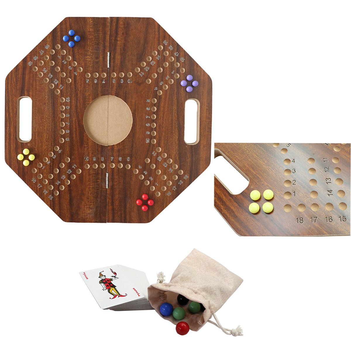 21" Foldable Original Marble Board Game Wooden Table Game for Parties Strategy Competitive 2-6 Player Marbles and Cards