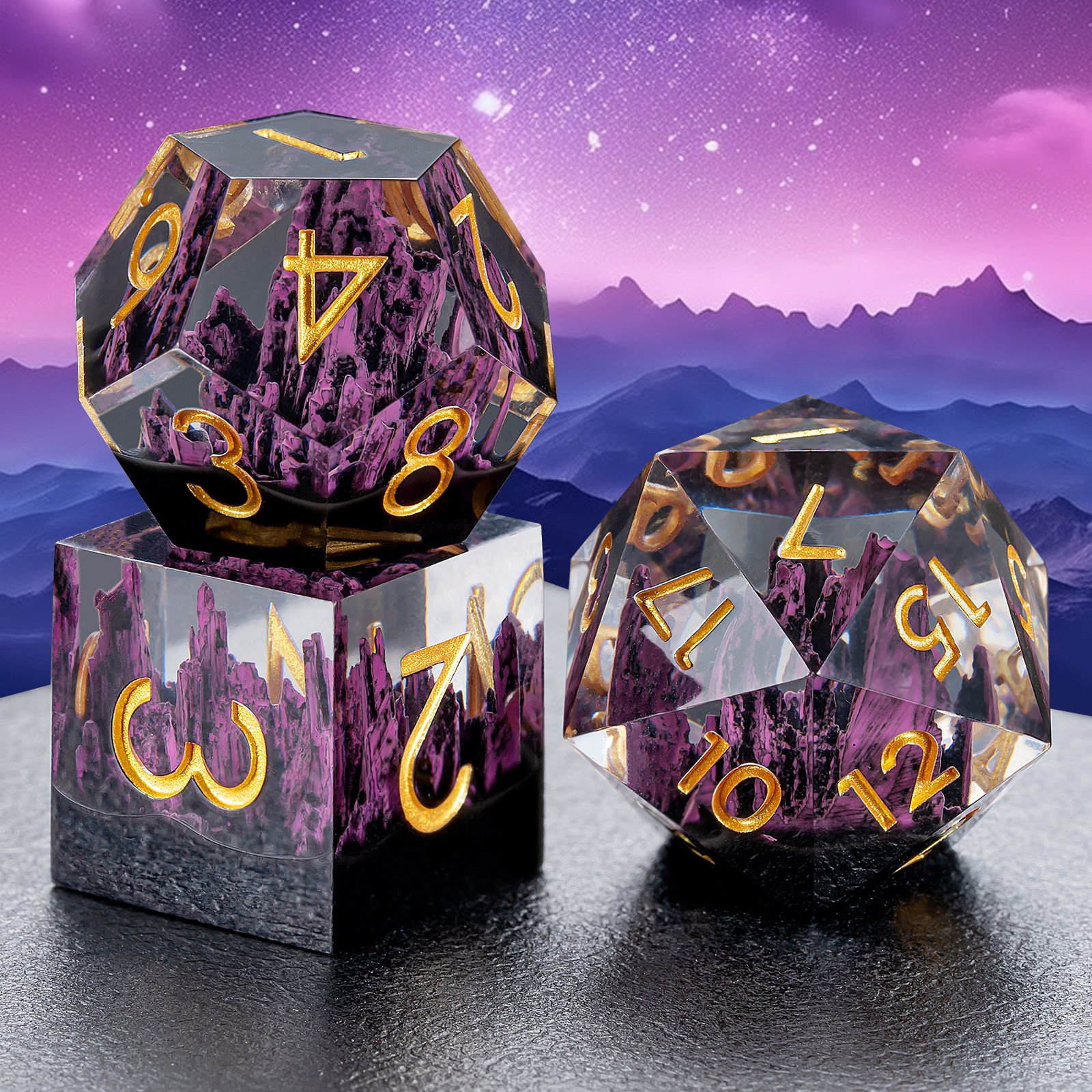 Wholesale Sharp Dice Role-playing Game Purple Clear Resin With Mountain Custom Sharp Edge Dice Set For Dnd