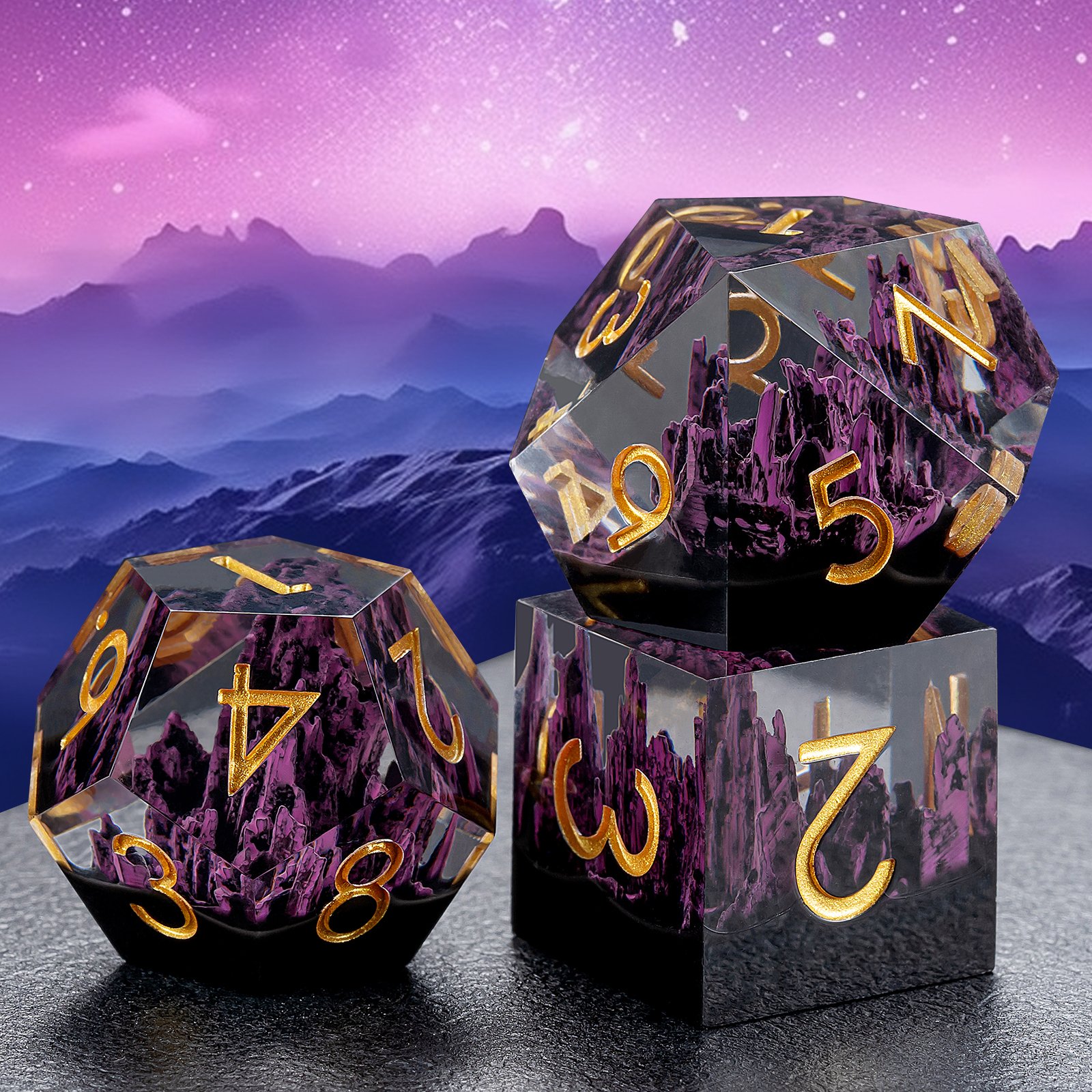Wholesale Sharp Dice Role-playing Game Purple Clear Resin With Mountain Custom Sharp Edge Dice Set For Dnd