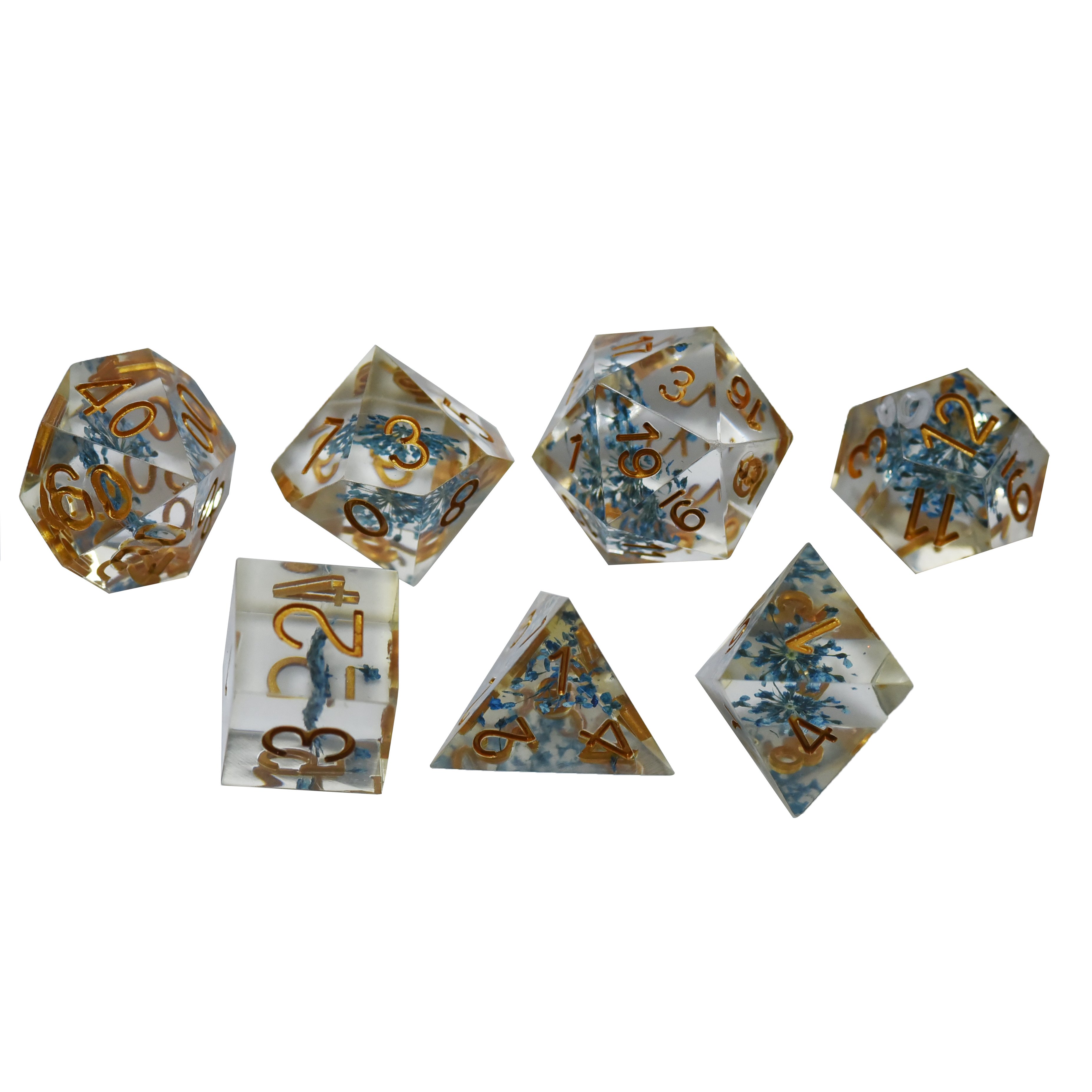 Blue Flower Gold Numbers RPG Gaming Resin Dice Set Polyhedral Tabletop D&D Dungeons & Dragons Tabletop Games