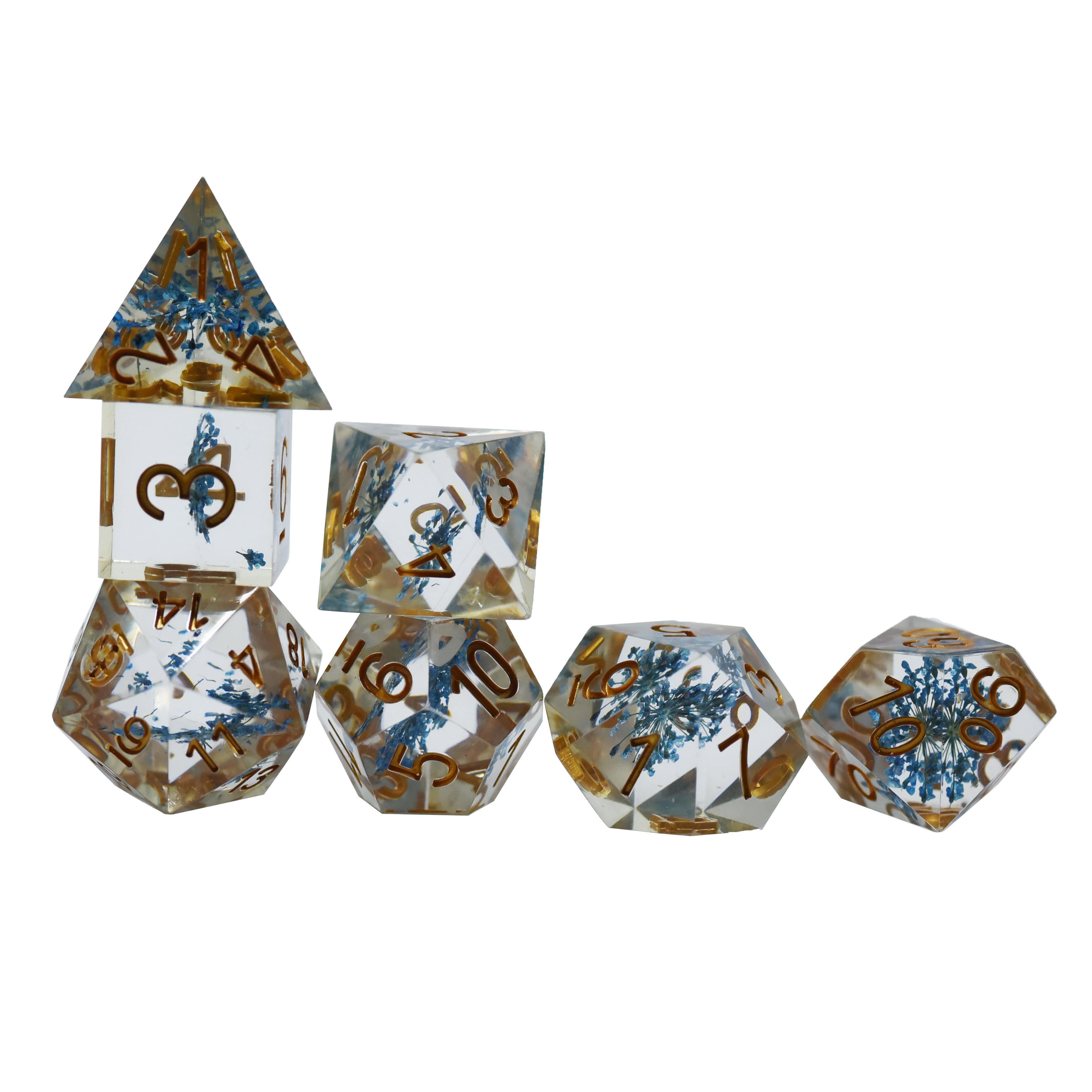 Blue Flower Gold Numbers RPG Gaming Resin Dice Set Polyhedral Tabletop D&D Dungeons & Dragons Tabletop Games