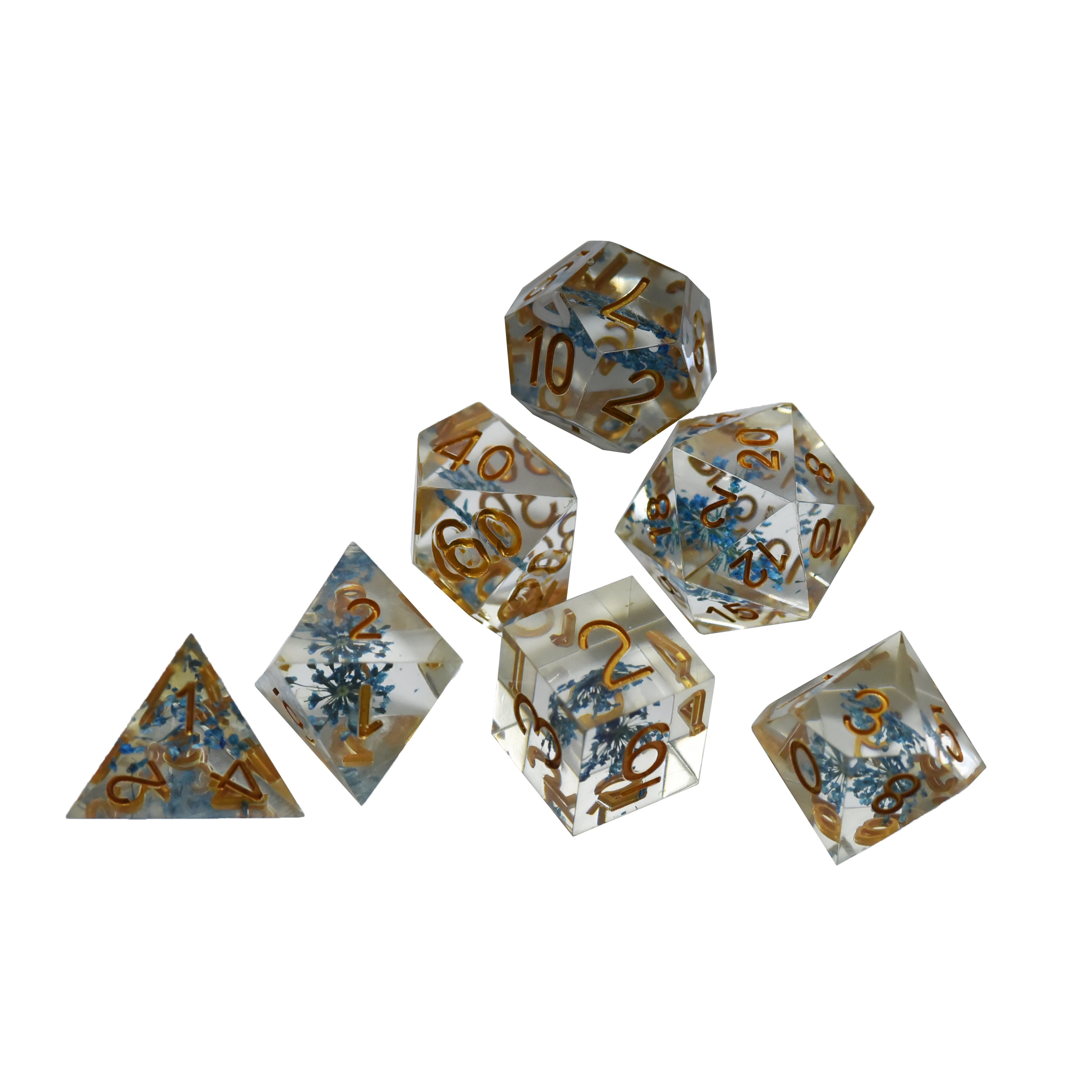 Blue Flower Gold Numbers RPG Gaming Resin Dice Set Polyhedral Tabletop D&D Dungeons & Dragons Tabletop Games