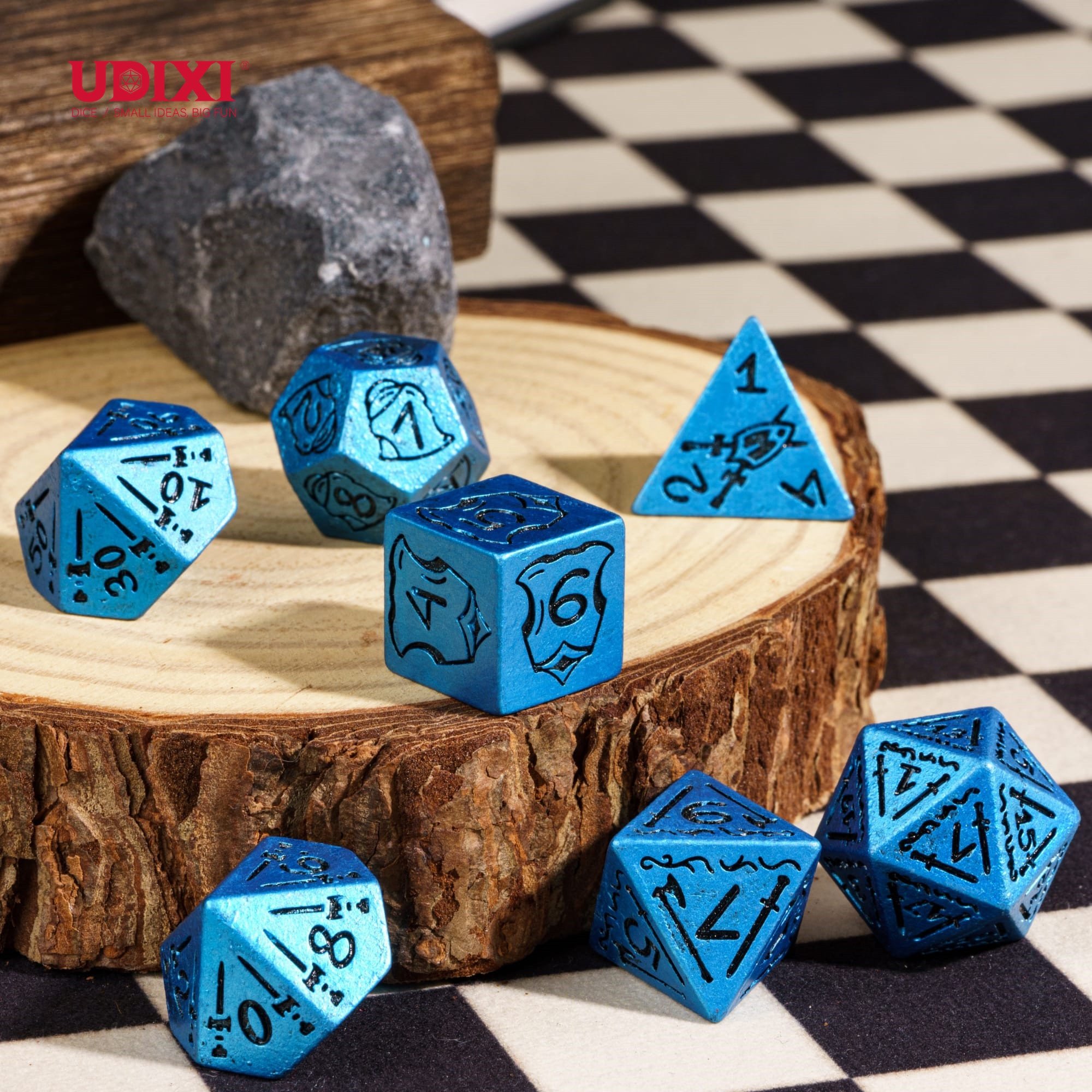 Udixi Plastic RPG Polyhedral Dungeons and Dragons d&d Resin custom logo Dice Set metallic blue