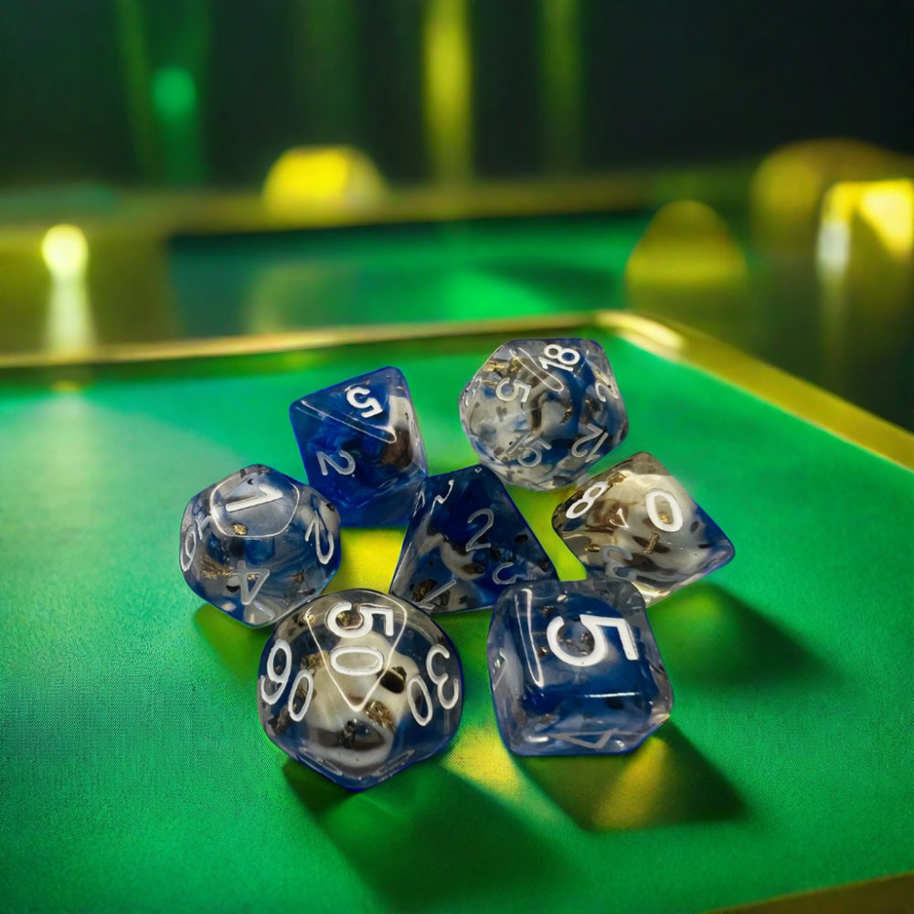 Custom Logo Engraved 16Mm Polyhedral Dice Set 7Pcs Bulk Gold Foil Yellow Transparent Dice With Round Corner Pointy For Dnd
