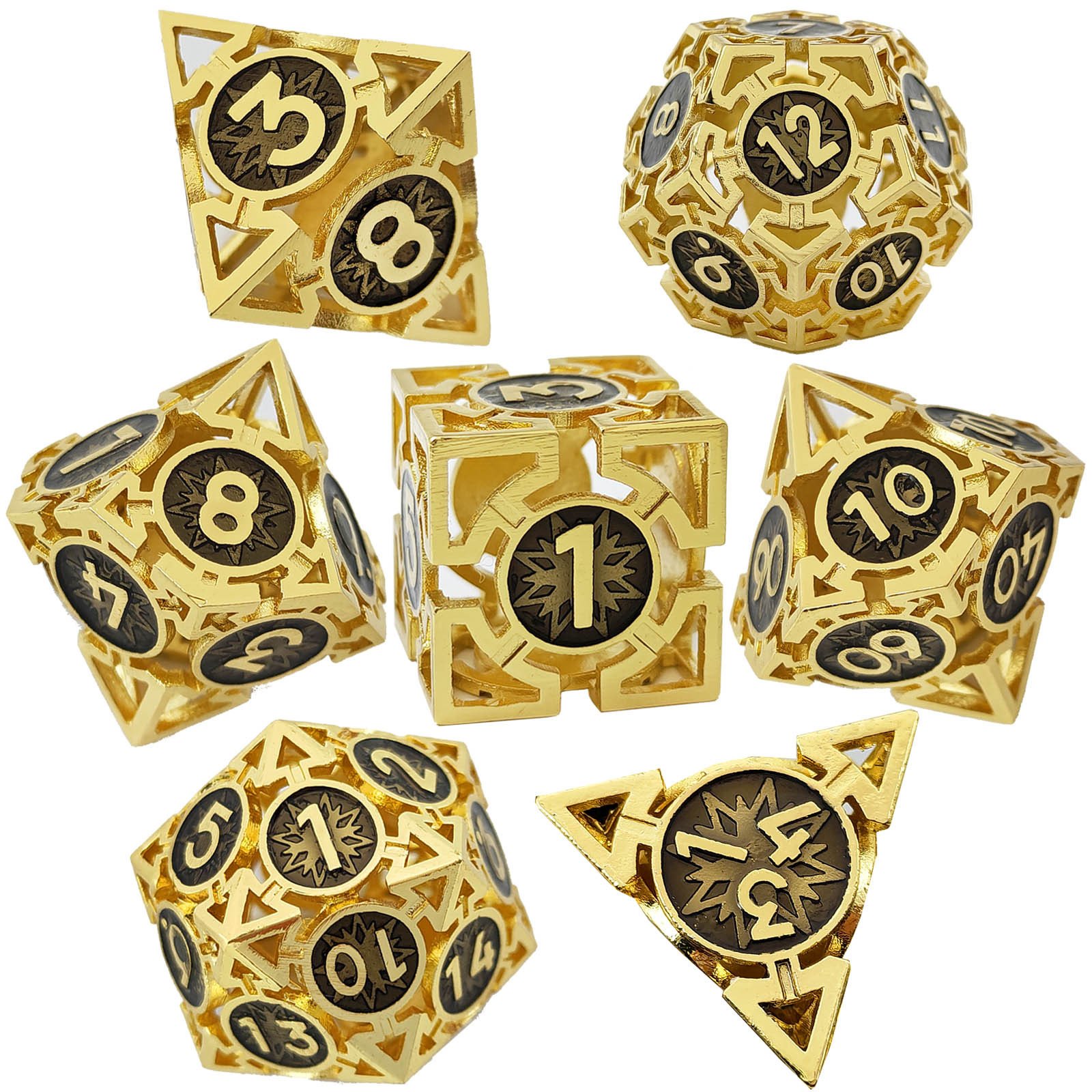 Mini Planet Wholesale RPG Board Games Handmade polyhedral Copper hollow Metal dice set 7pcs Dice Custom Logo for DND MTG Players