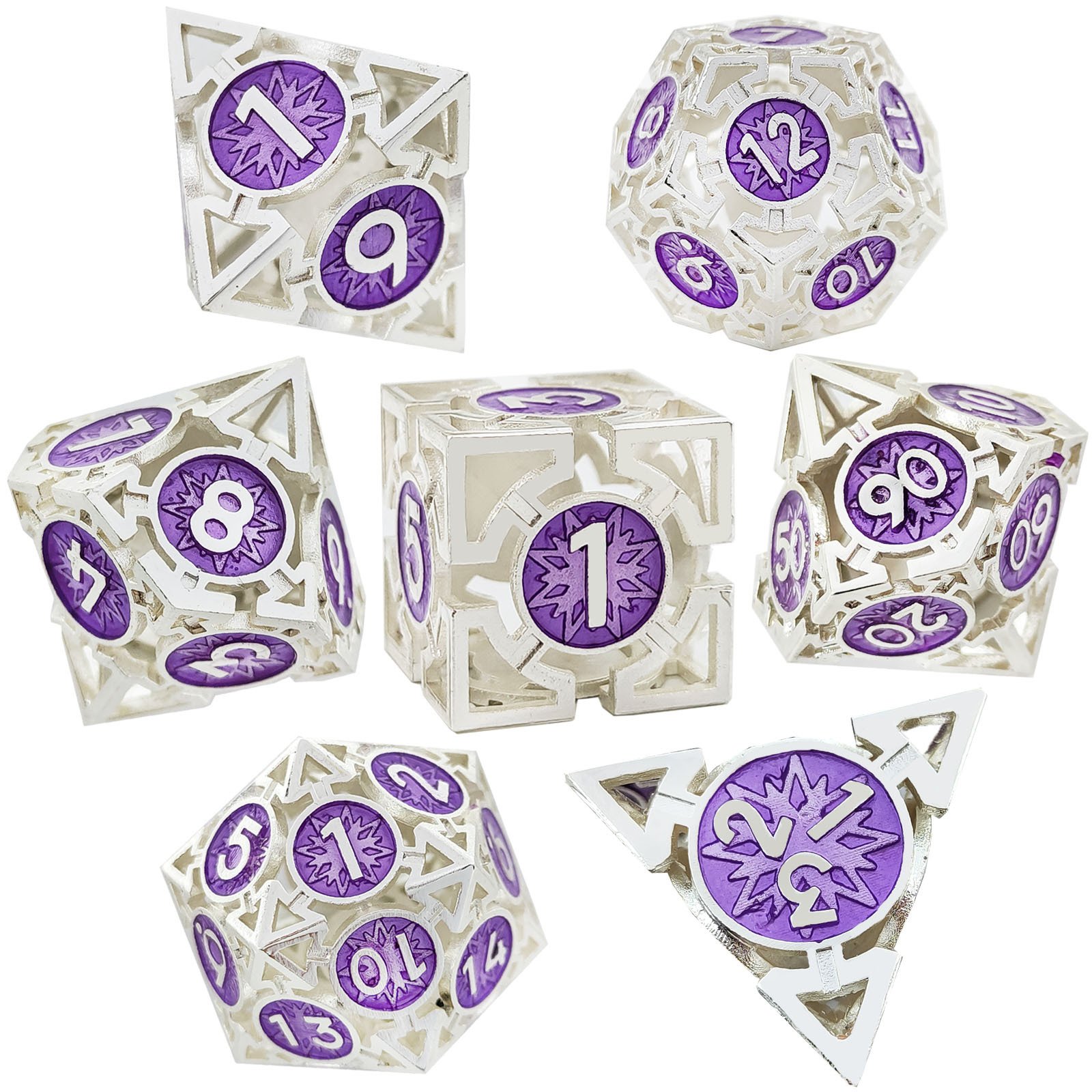 Mini Planet Wholesale RPG Board Games Handmade polyhedral Copper hollow Metal dice set 7pcs Dice Custom Logo for DND MTG Players