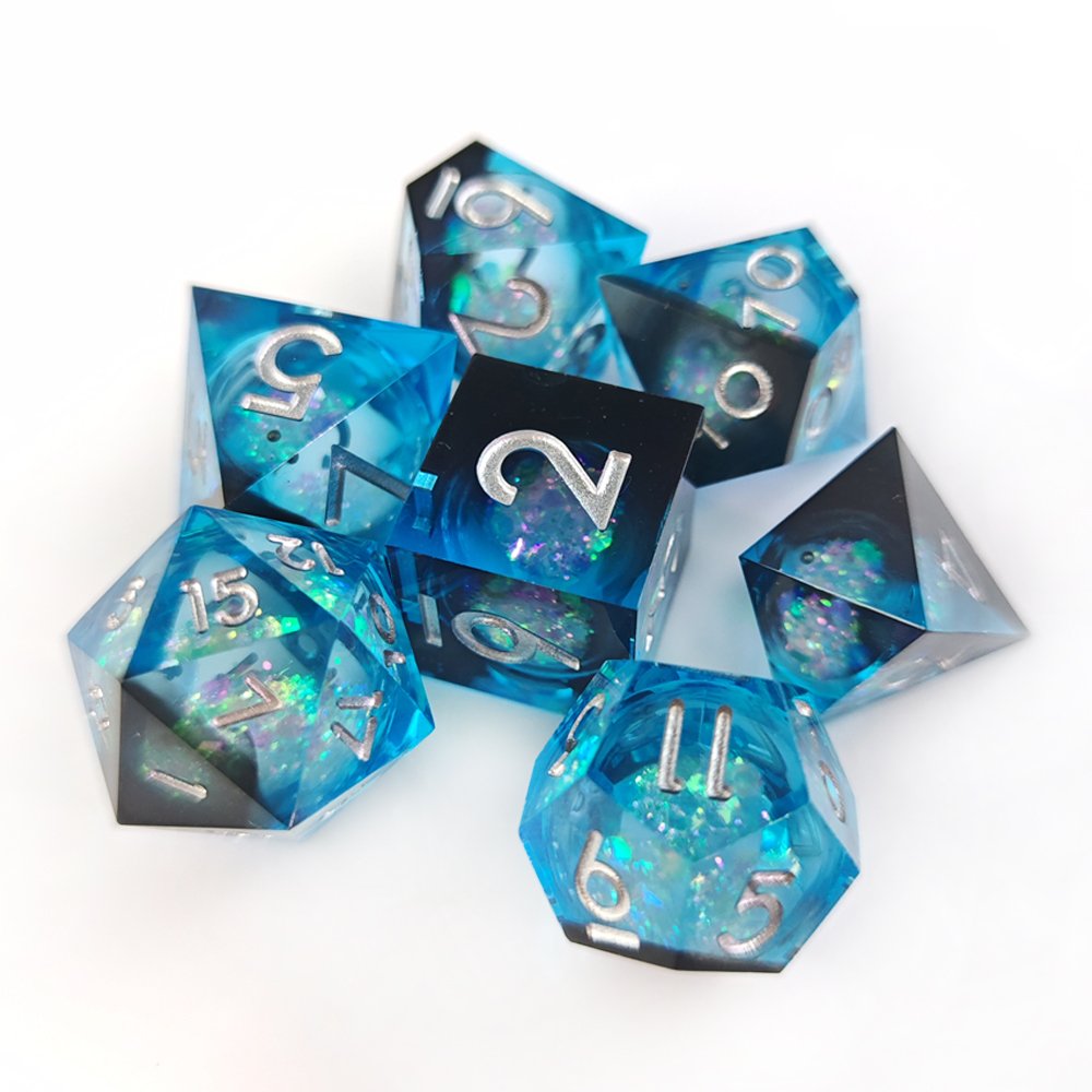 Best Christmas Gift Blue Liquid Core Dice Handmade Sharp Edge Resin Set for Adult DND Games and RPG Games