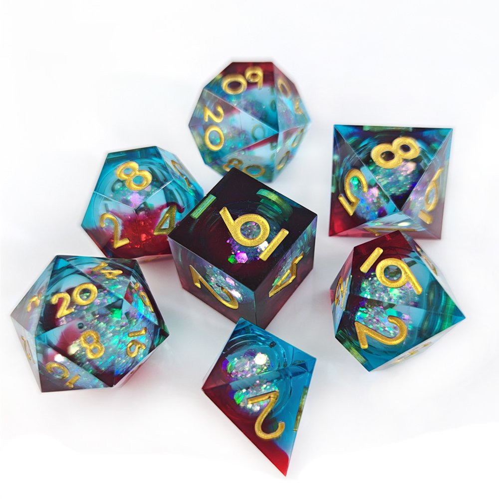 Best Christmas Gift Blue Liquid Core Dice Handmade Sharp Edge Resin Set for Adult DND Games and RPG Games